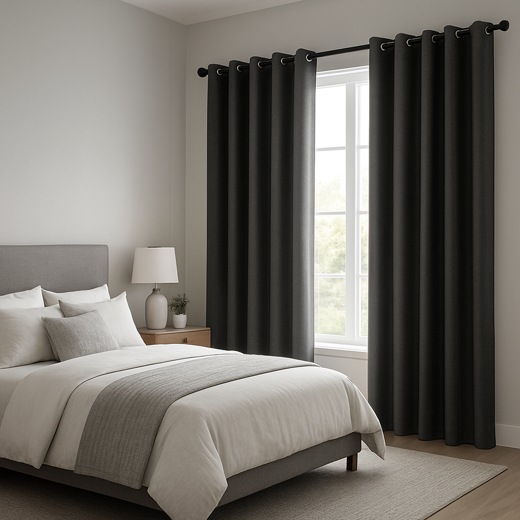 modern bedroom with grey curtains hung by grommets on a wide metal rod