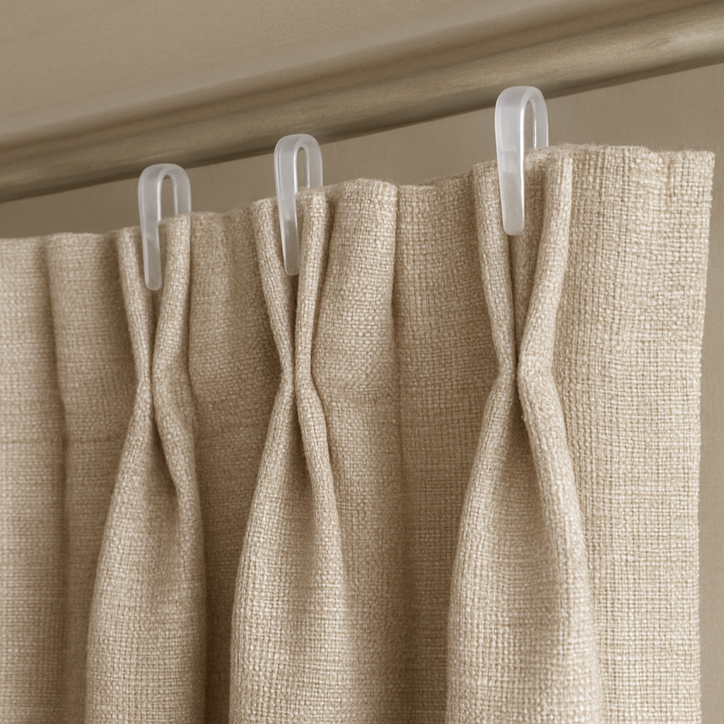 close-up on a pinch pleat curtain header showing hooks clipped under pleats
