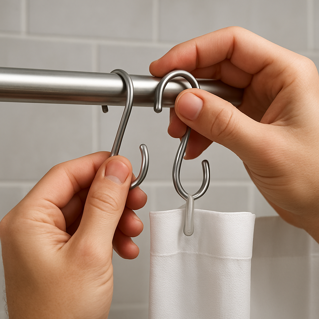 hands installing S-hooks on a shower curtain rod