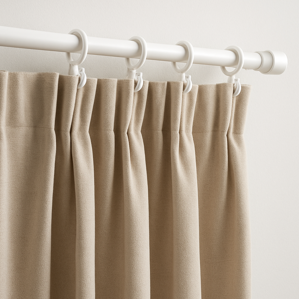 white traverse rod with carriers and pleated curtains opening smoothly