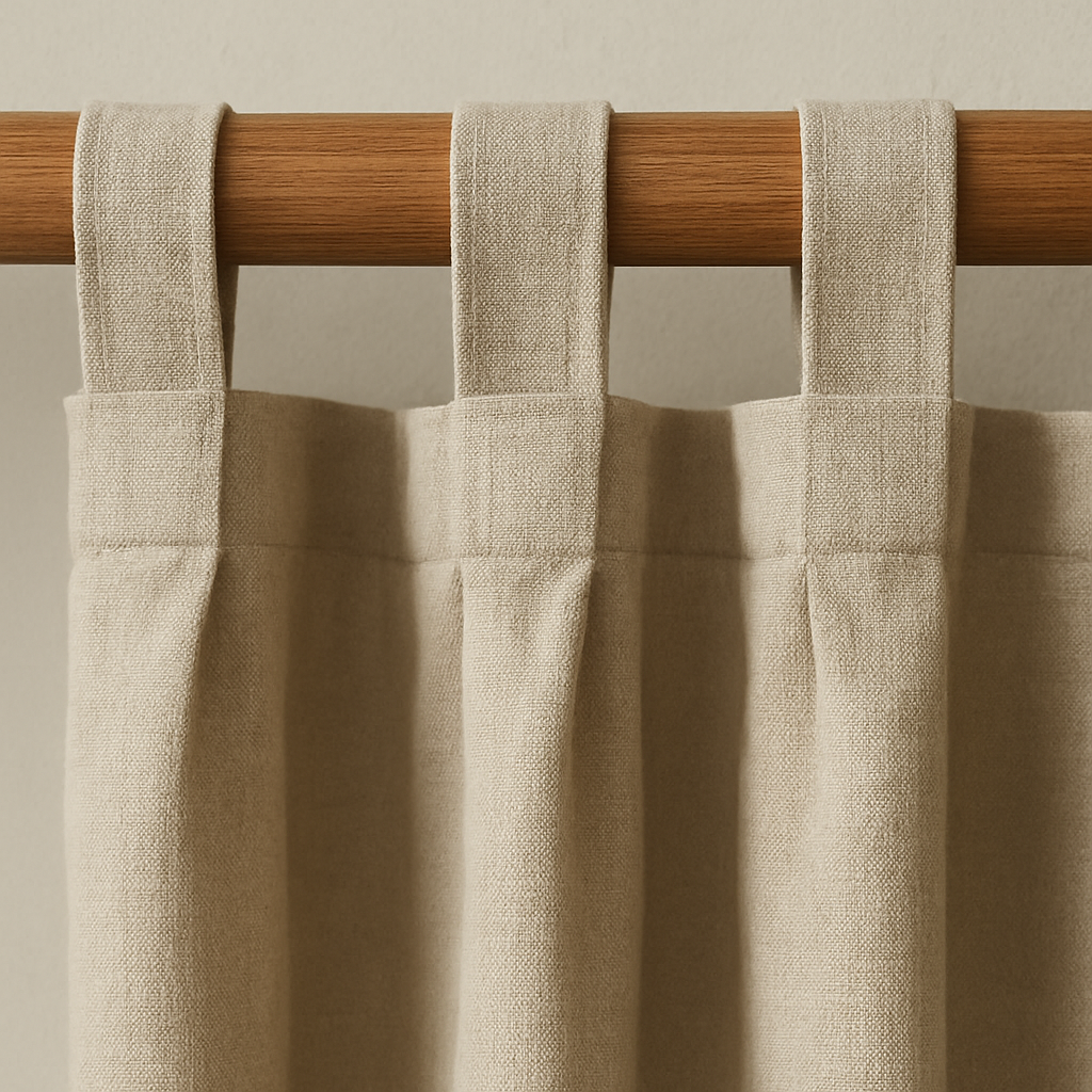 curtain back-tab detail showing fabric loops on a wooden rod