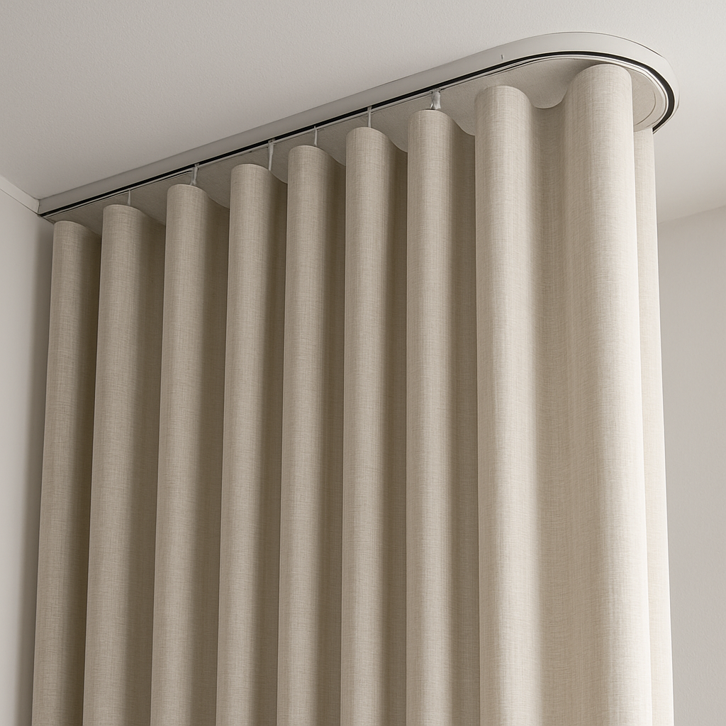 ripple fold panels on a ceiling-mounted track with even wave folds