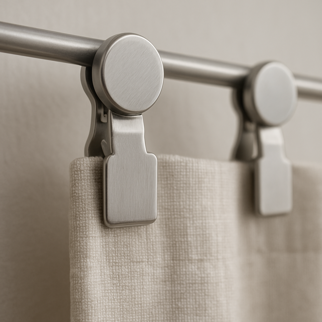 close-up of magnetic curtain clamps on a thin metal rail