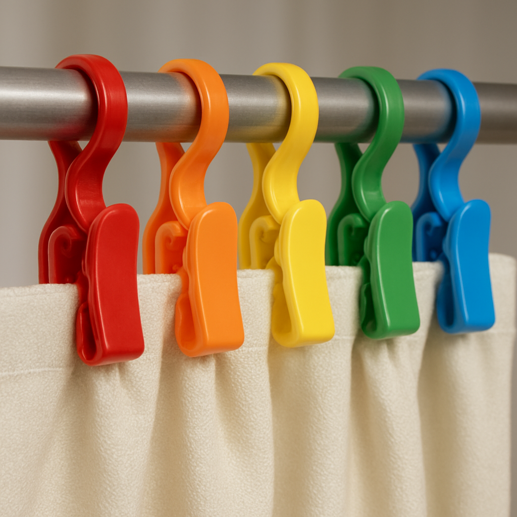 colorful snap-on curtain clips holding fabric to a rod