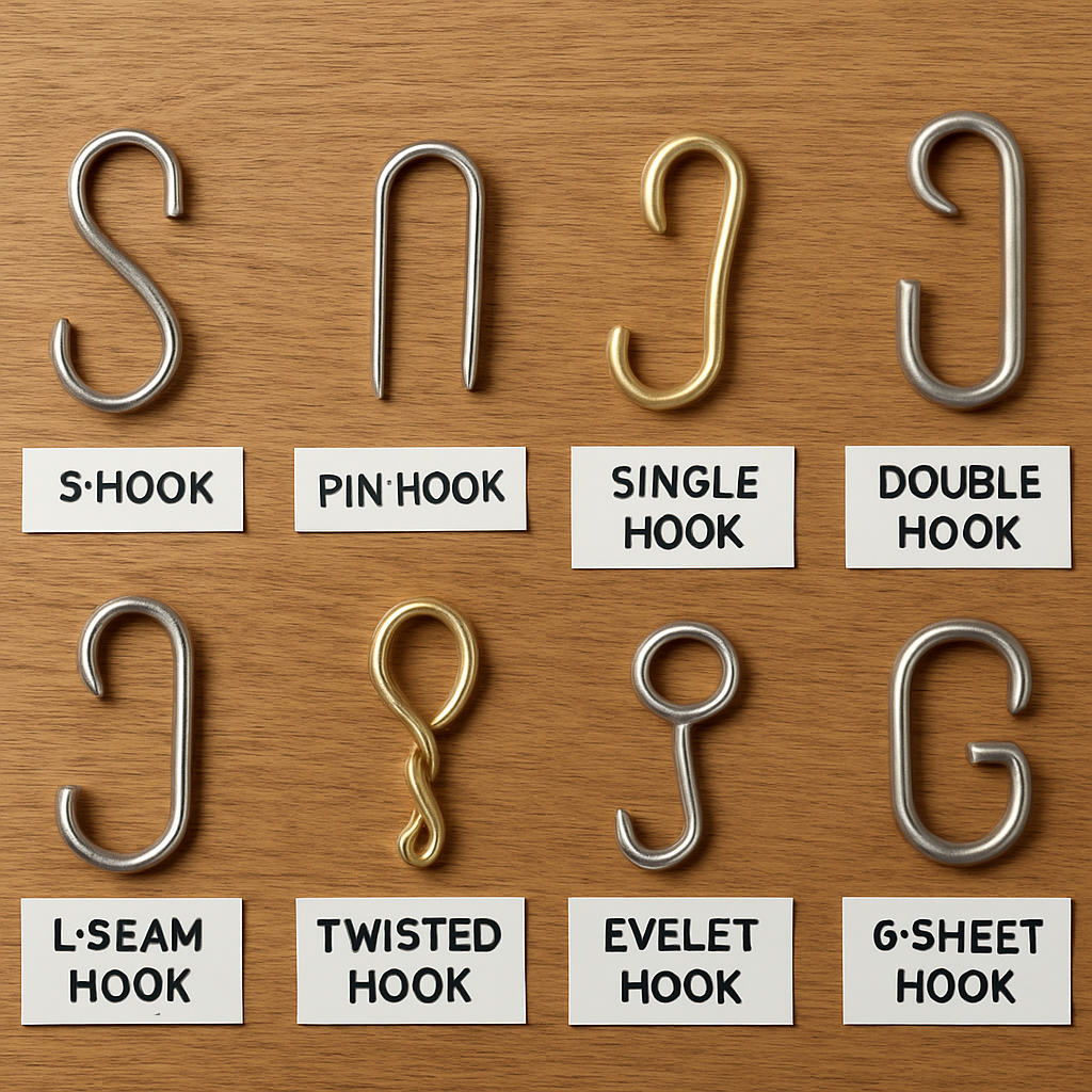 overhead photo of multiple curtain hook types arranged with labels on a wooden surface