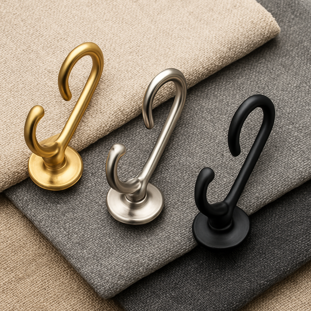selection of curtain hook finishes like brass, nickel, matte black arranged on fabric swatches