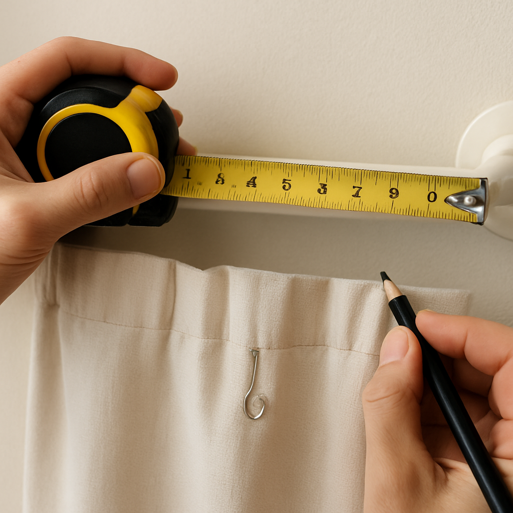 person measuring a curtain rod with a tape measure and marking placement for hooks