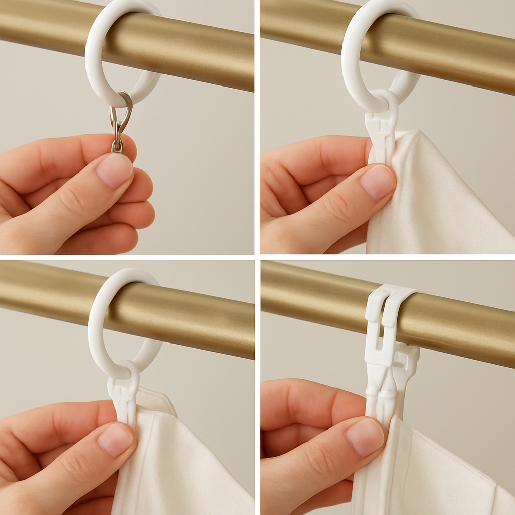 step-by-step photo series showing installing rings with clips, installing pinch pleat hooks, and loading traverse carriers