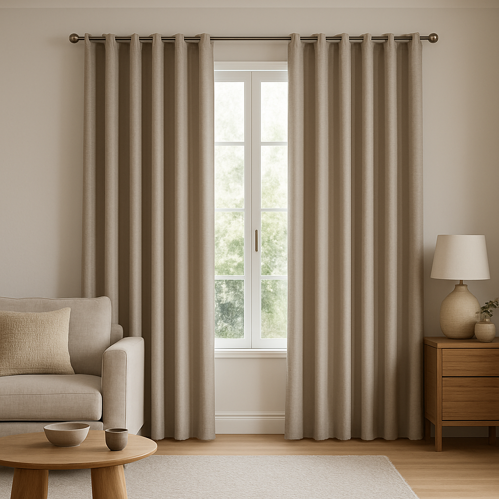 finished living room with full-length curtains hung neatly, showing tidy hook detailing at the top