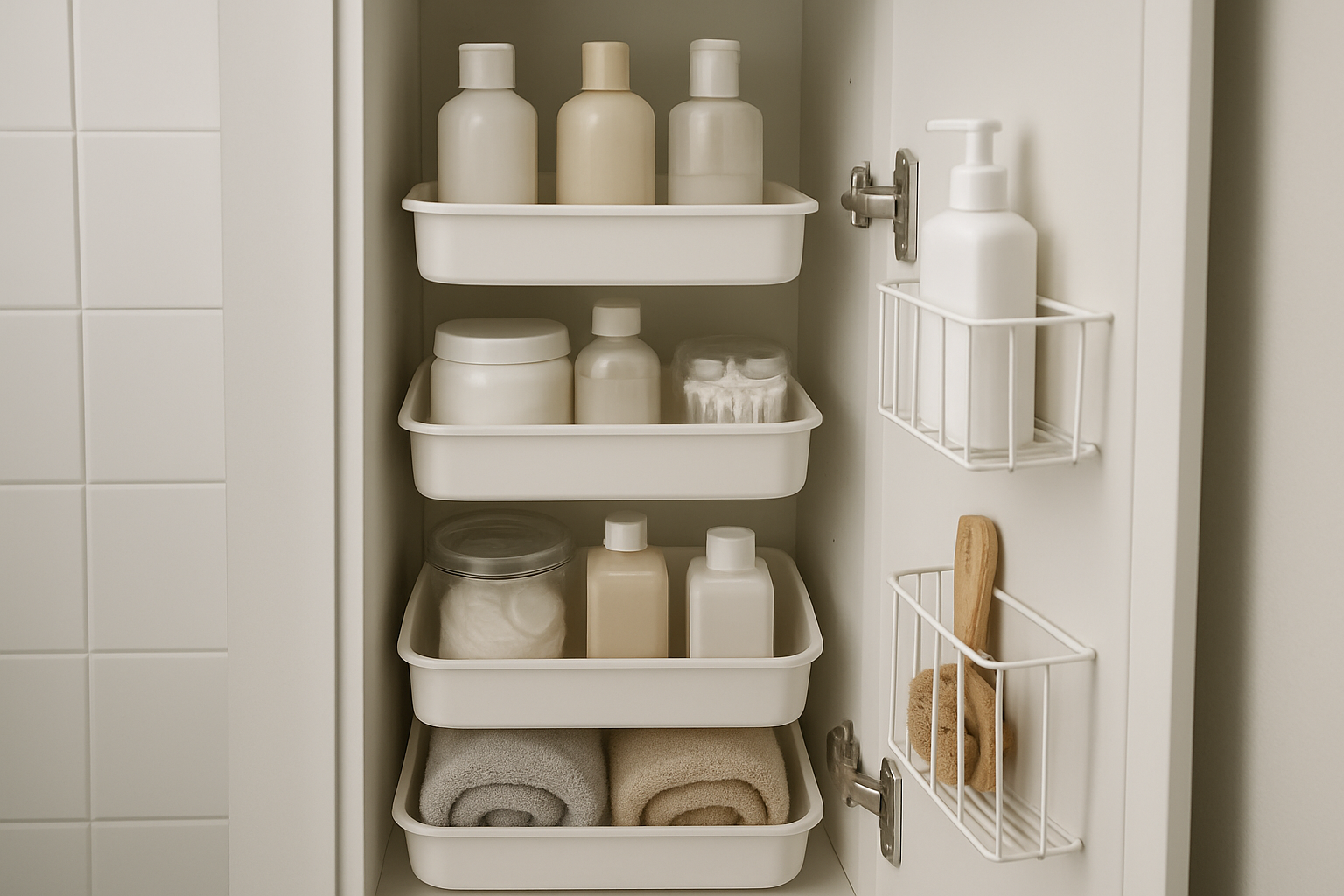inside of a narrow bathroom cabinet using vertical stacking trays and door-mounted organizer