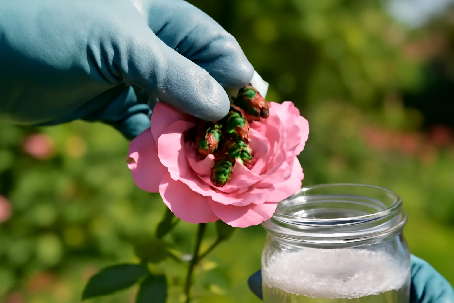 Japanese beetles being removed from a pink rose bloom into a jar of soapy water in a sunny suburban garden.