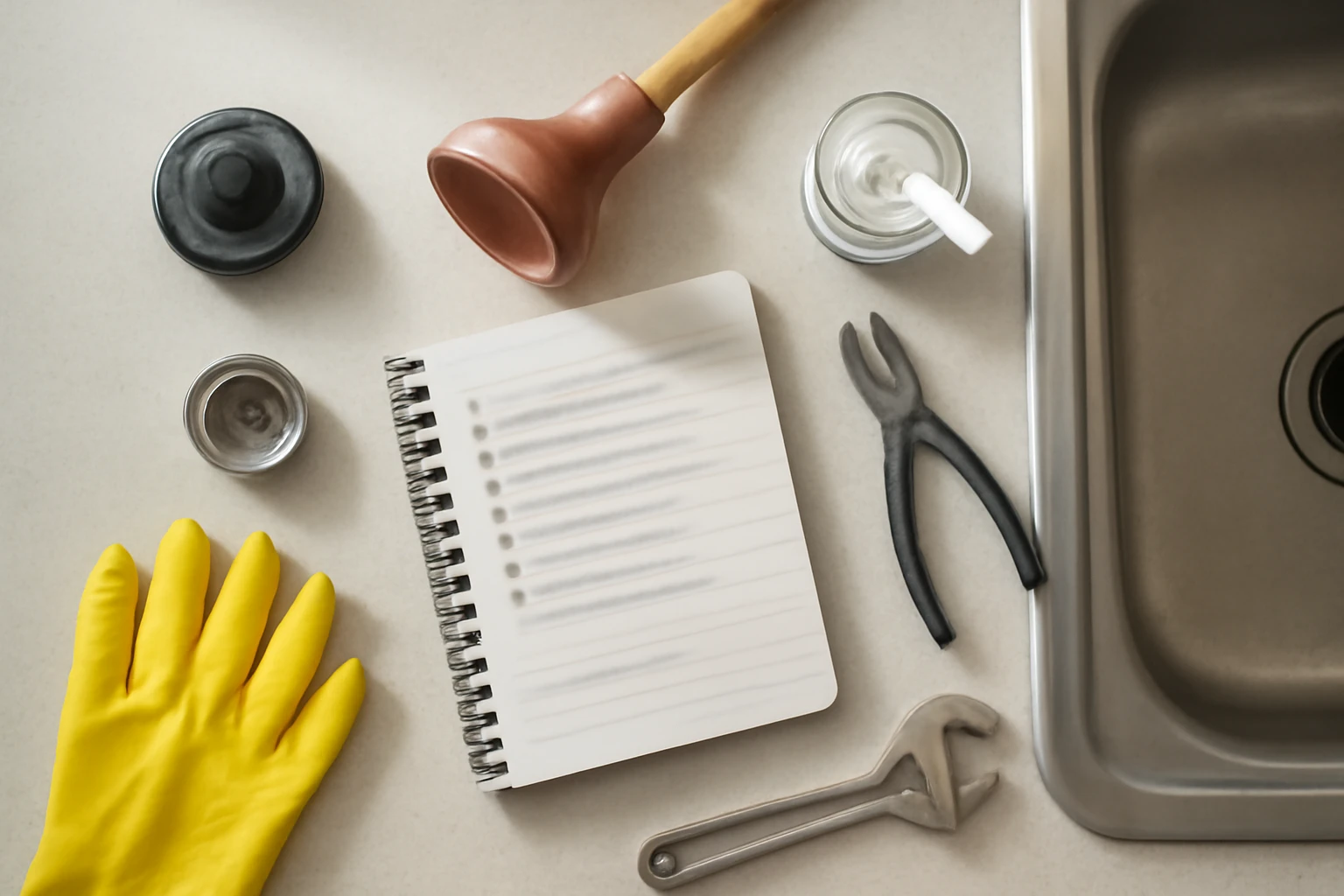 Kitchen troubleshooting notebook and small plumbing tools arranged beside a stainless steel sink on a light countertop.