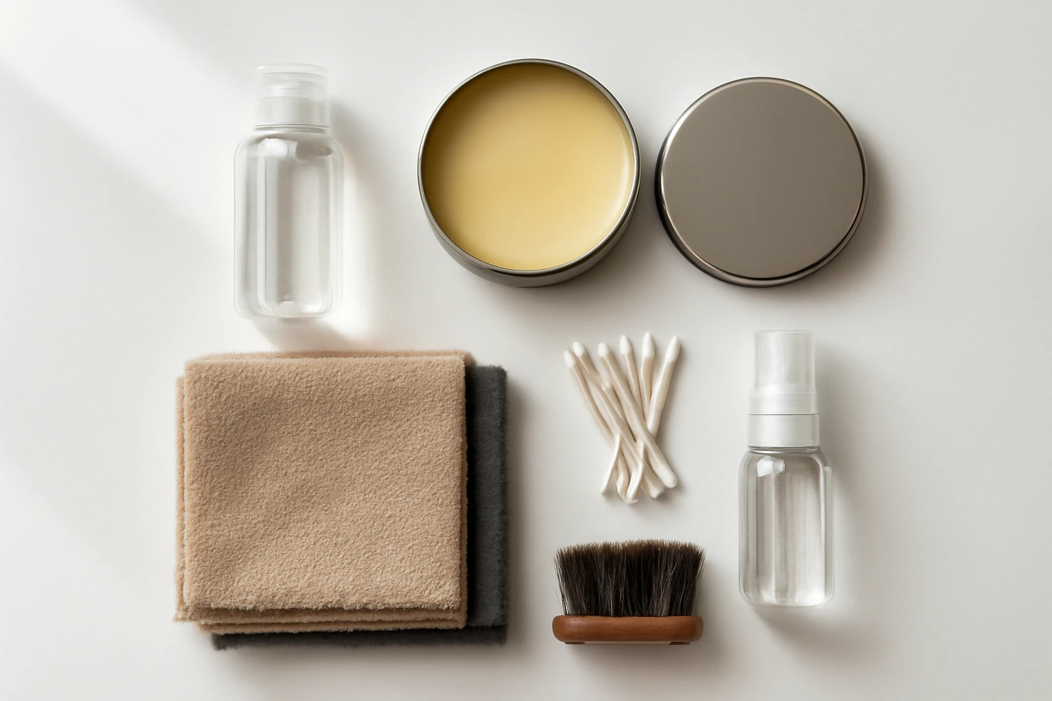 Leather care items arranged on a white table: pH-balanced cleaner bottle, open tin of conditioner, microfiber cloths, horseha