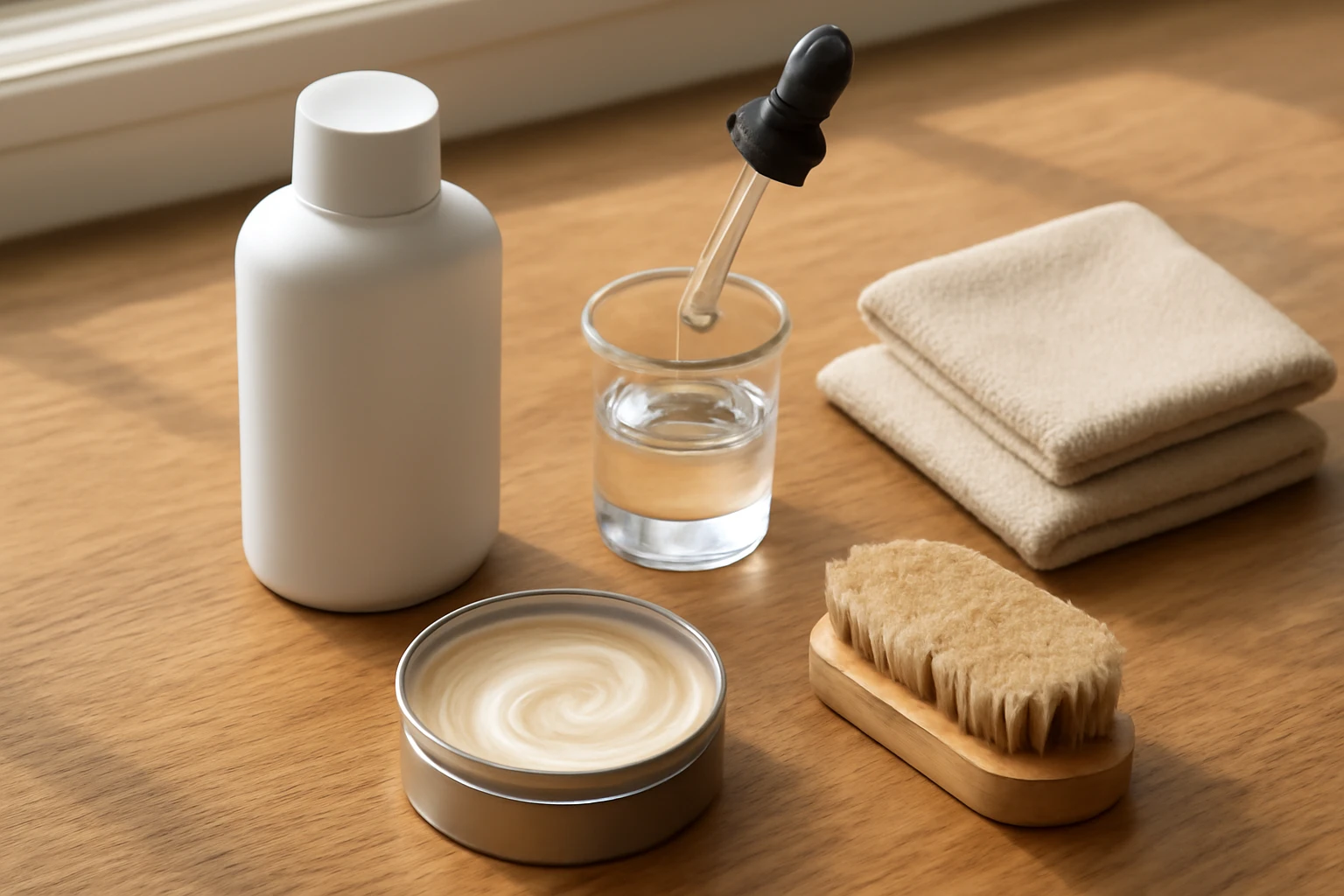 Leather cleaning kit ready for dilution: cleaner bottle, glass beaker with water and dropper, conditioner tin, and folded clo