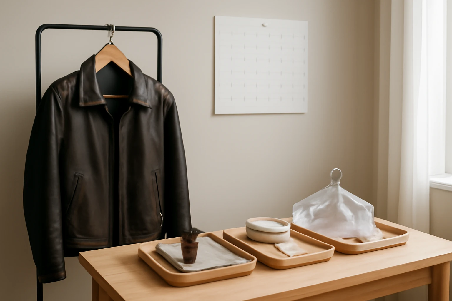 Leather jacket hanging next to a blank wall calendar with three trays of spot-clean, conditioning, and professional-cleaning 