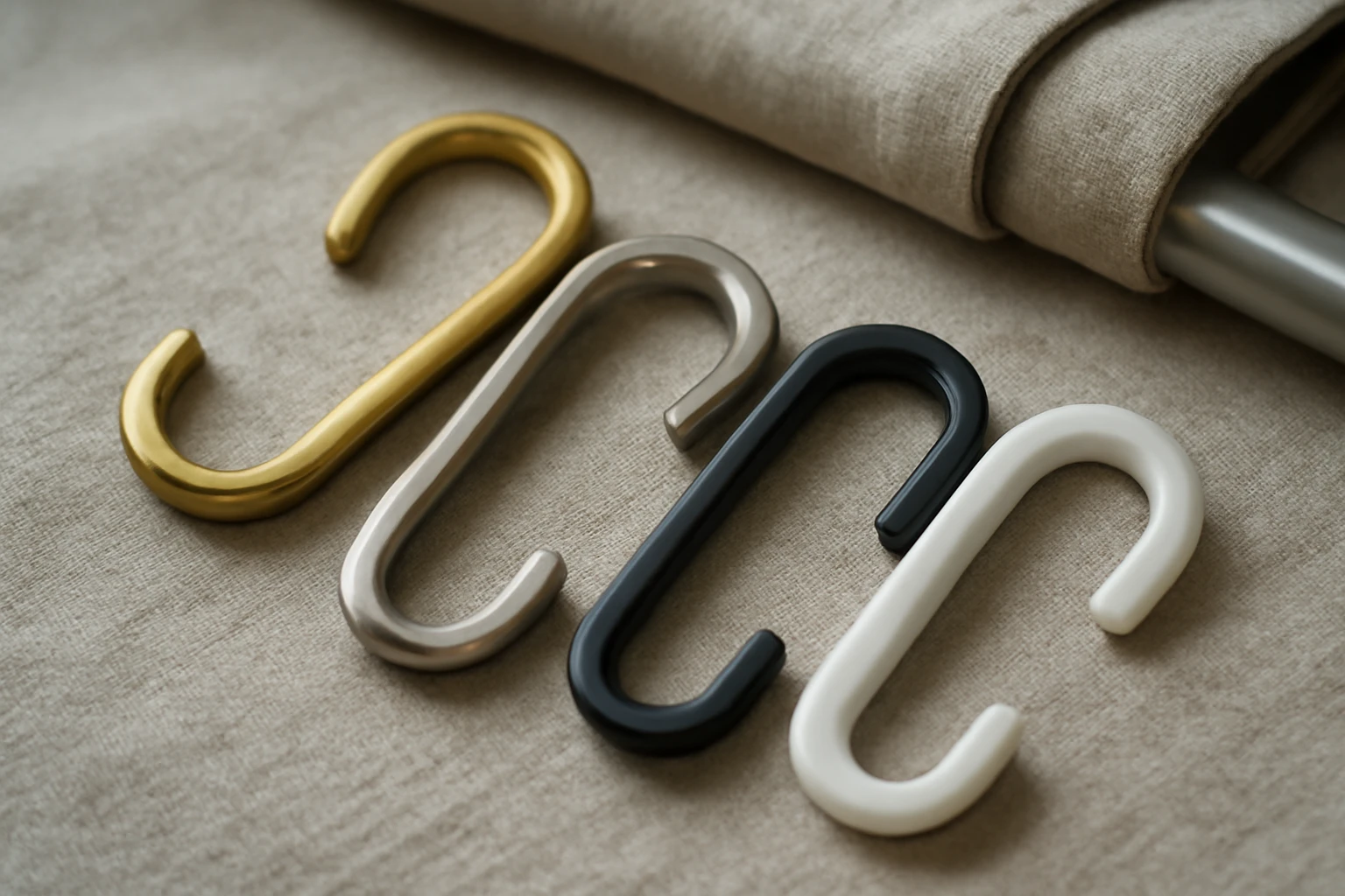Macro editorial photograph of four curtain hooks fanned on a neutral linen surface, each material clearly distinct: a warm sa