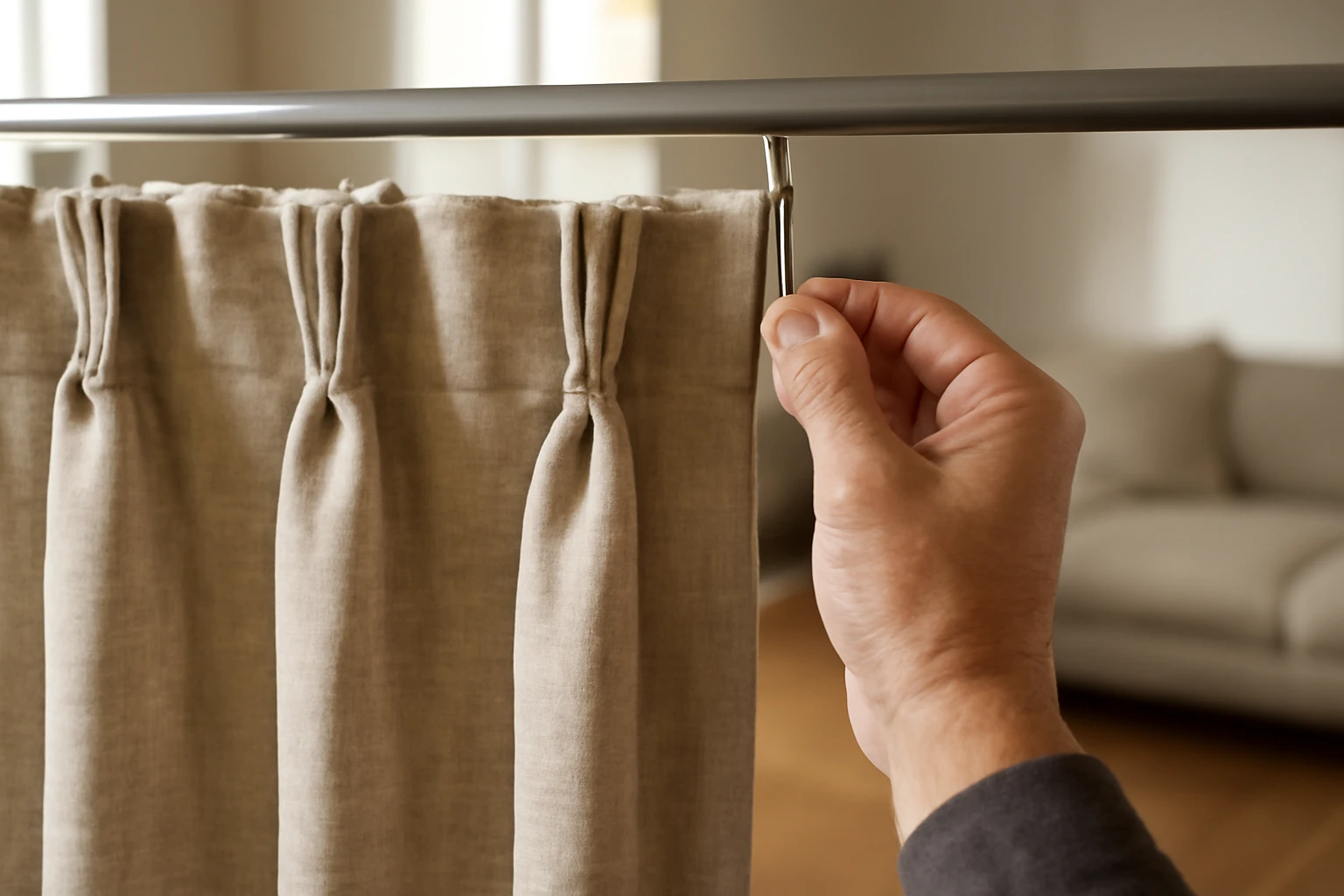 Medium close-up over-the-shoulder view of a professional drapery installer fitting a slim metal pinch-pleat hook into the bac
