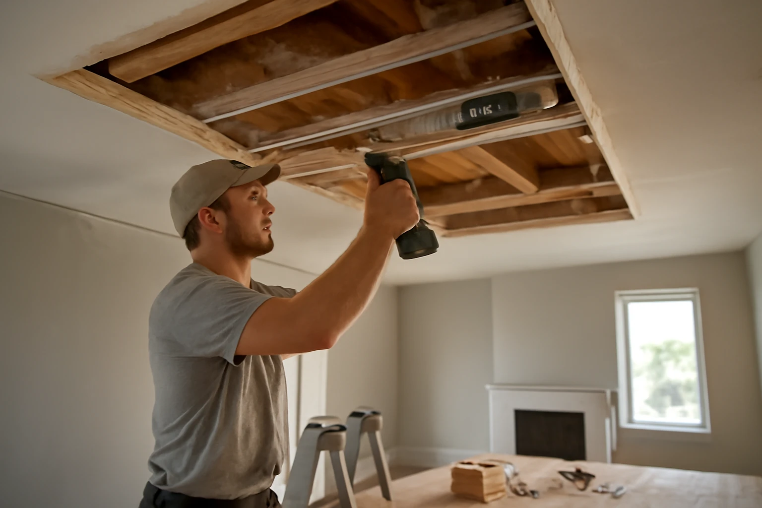 Medium wide-angle interior shot of a contractor installing an aluminum recessed ceiling curtain track in a modern living room