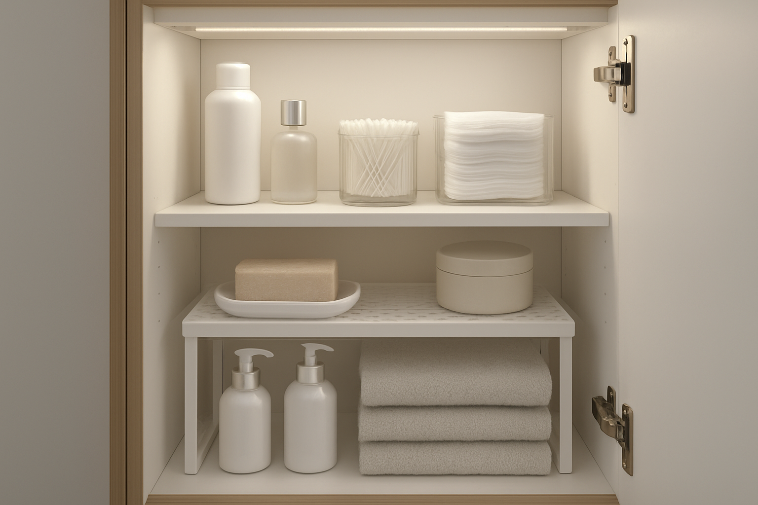 neatly organized bathroom cabinet with added shelf riser and LED strip light inside