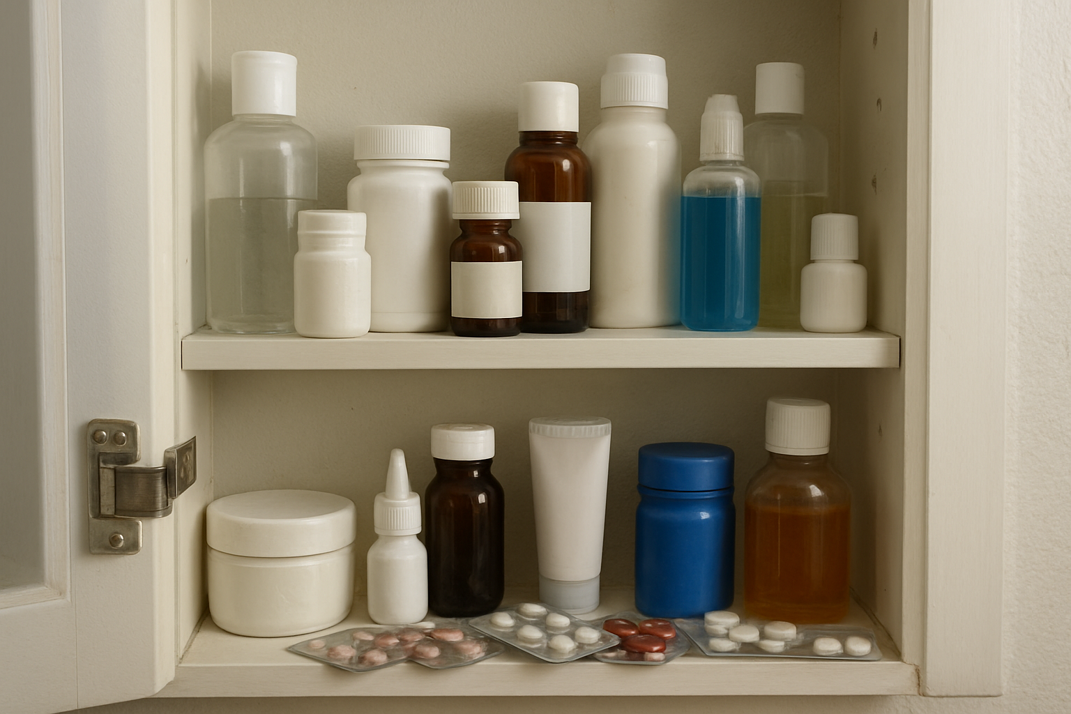 open bathroom cabinet showing a cluttered shelf with toiletries and medicine bottles