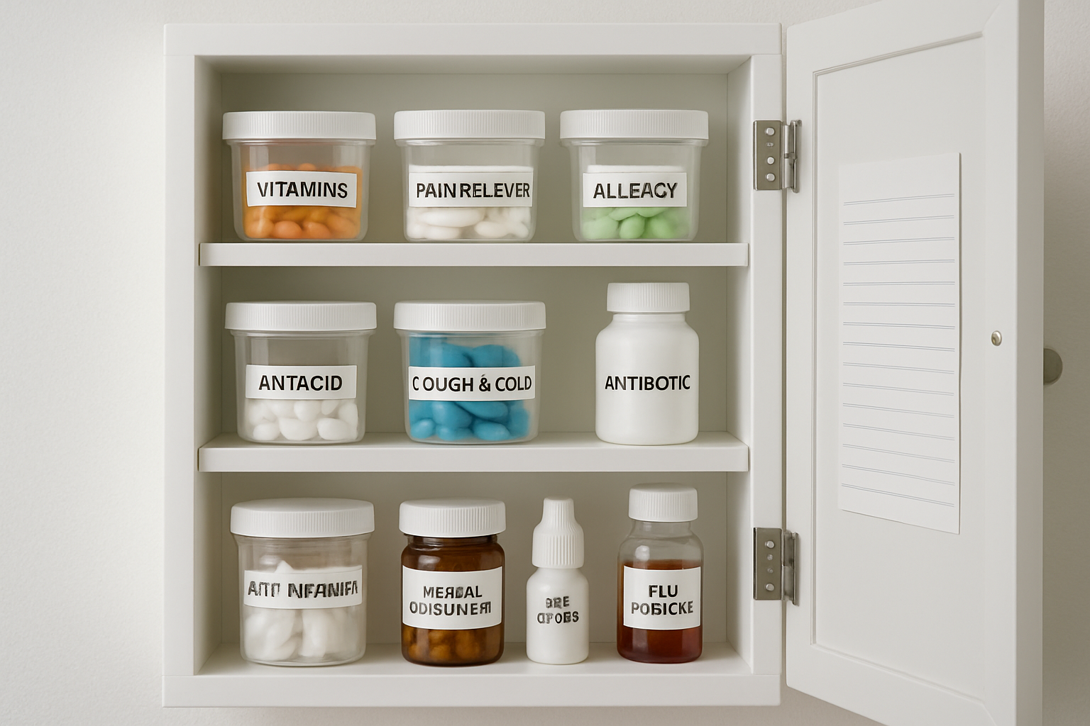 open medicine cabinet with clear labeled containers and a small medication list on the door