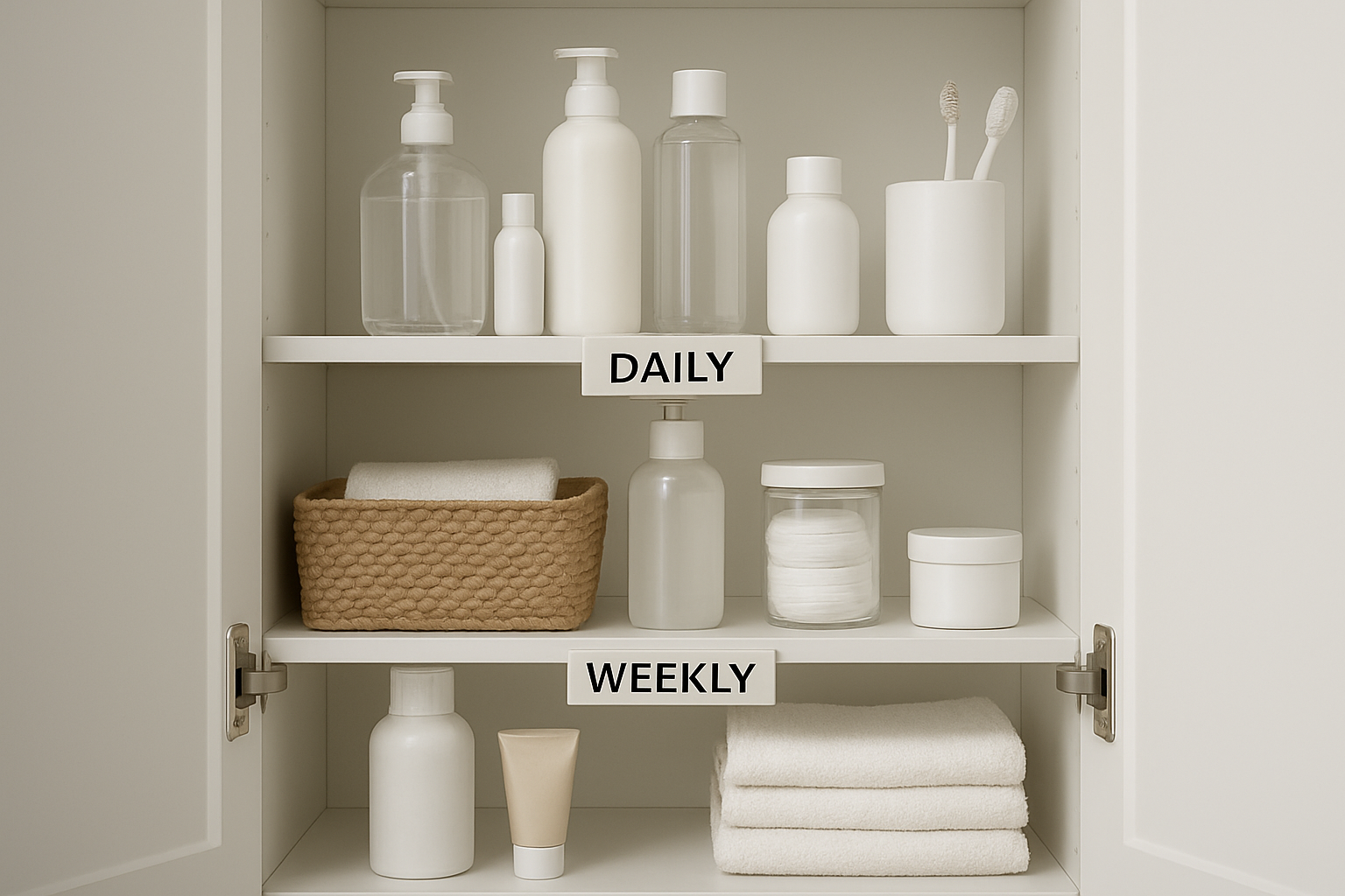 organized bathroom cabinet with labeled zones for daily, weekly, and spare items