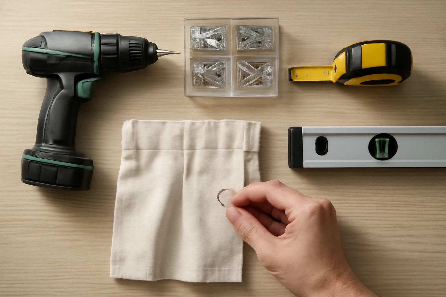 Overhead flat-lay of a curtain-installation toolkit on a pale oak work surface: cordless drill with screwdriver bit, small wa