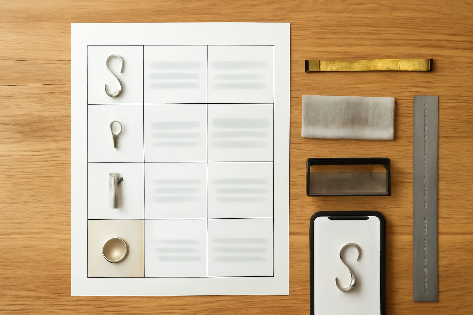 Overhead flat-lay on warm oak desk showing a curtain-hook comparison setup: a printed comparison sheet with column lines and 