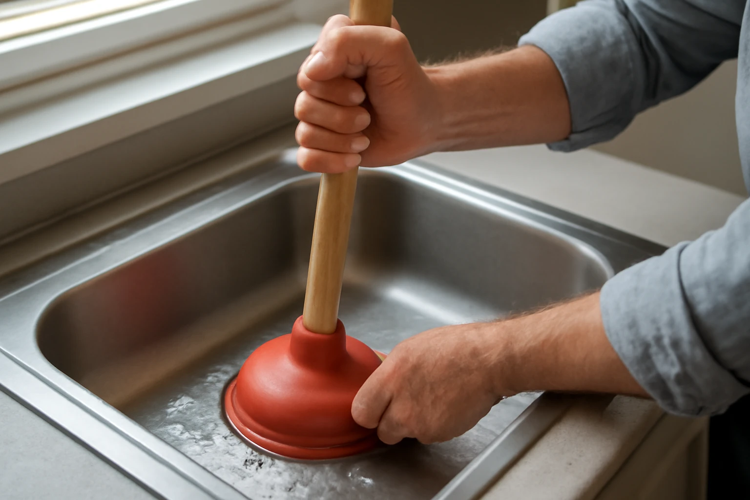 Rubber flange plunger sealing a stainless kitchen sink drain as hands pump, towel blocking the overflow opening in daylight.