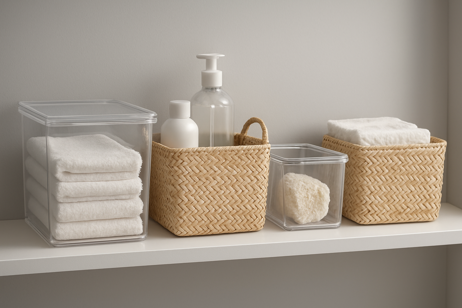selection of clear plastic and woven bathroom storage containers on a shelf