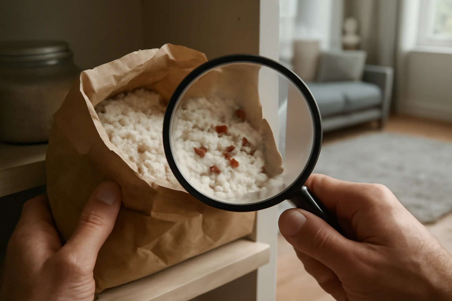 Small dark flour beetles on an open flour bag being examined with a magnifying glass, with carpet edge and a fuzzy larva visi