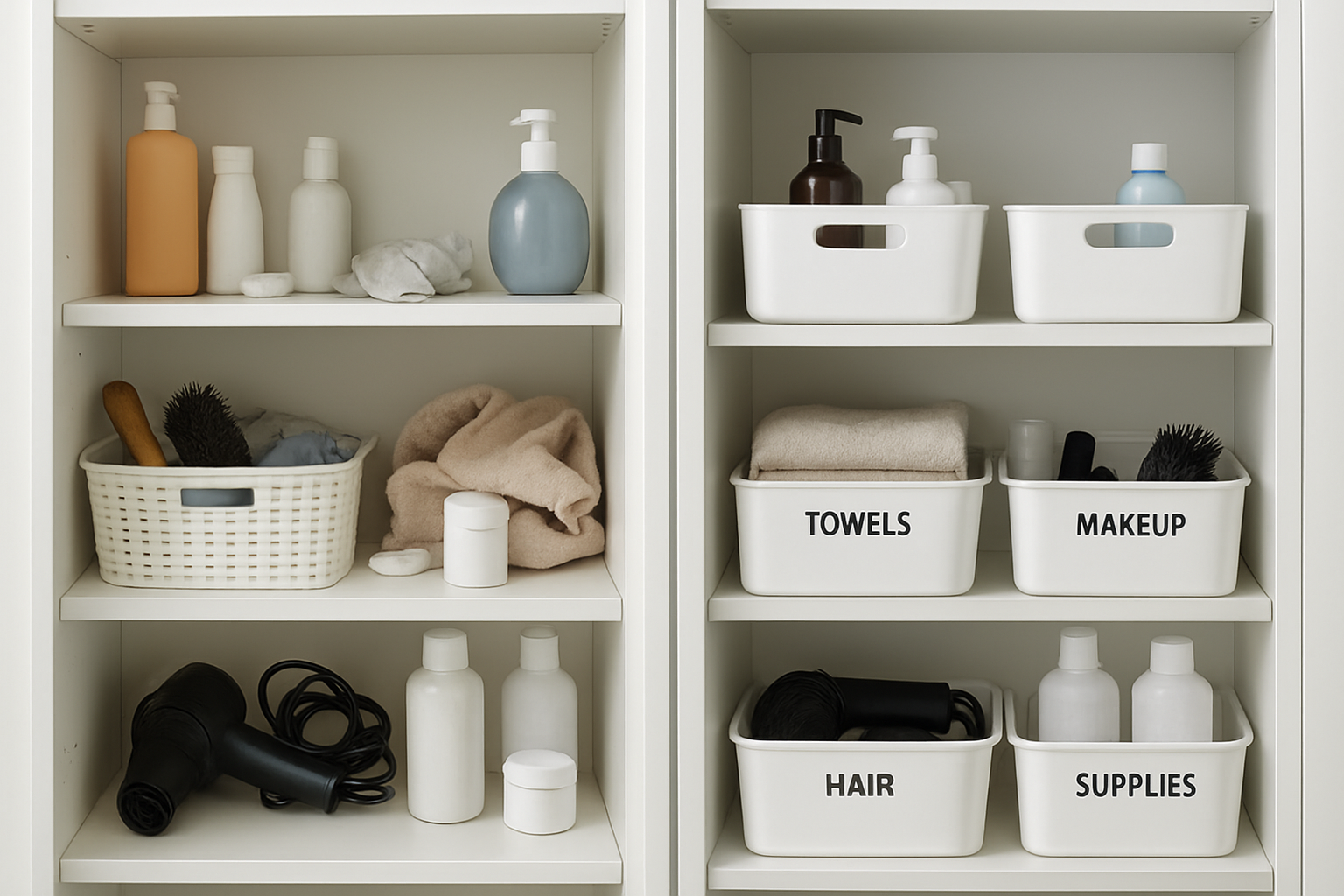 split-view before and after of a bathroom cabinet, left cluttered and right organized with labeled bins