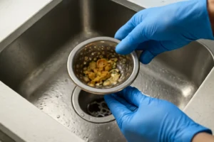 Stainless-steel sink strainer being lifted from a modern kitchen sink by gloved hands with trapped food scraps.