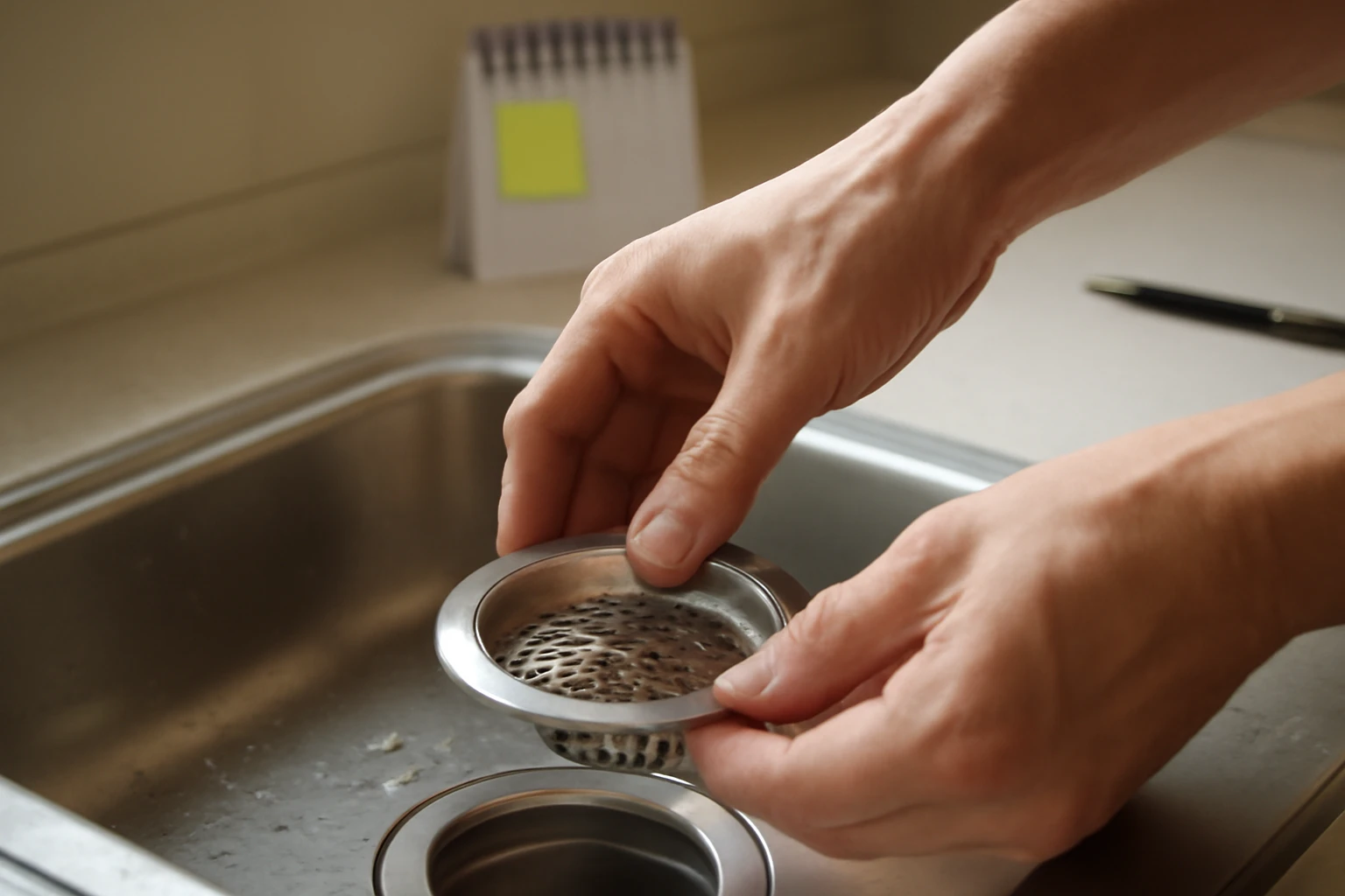 Stainless steel sink strainer being placed over a kitchen drain while a small desk calendar with a colored sticky note sits n