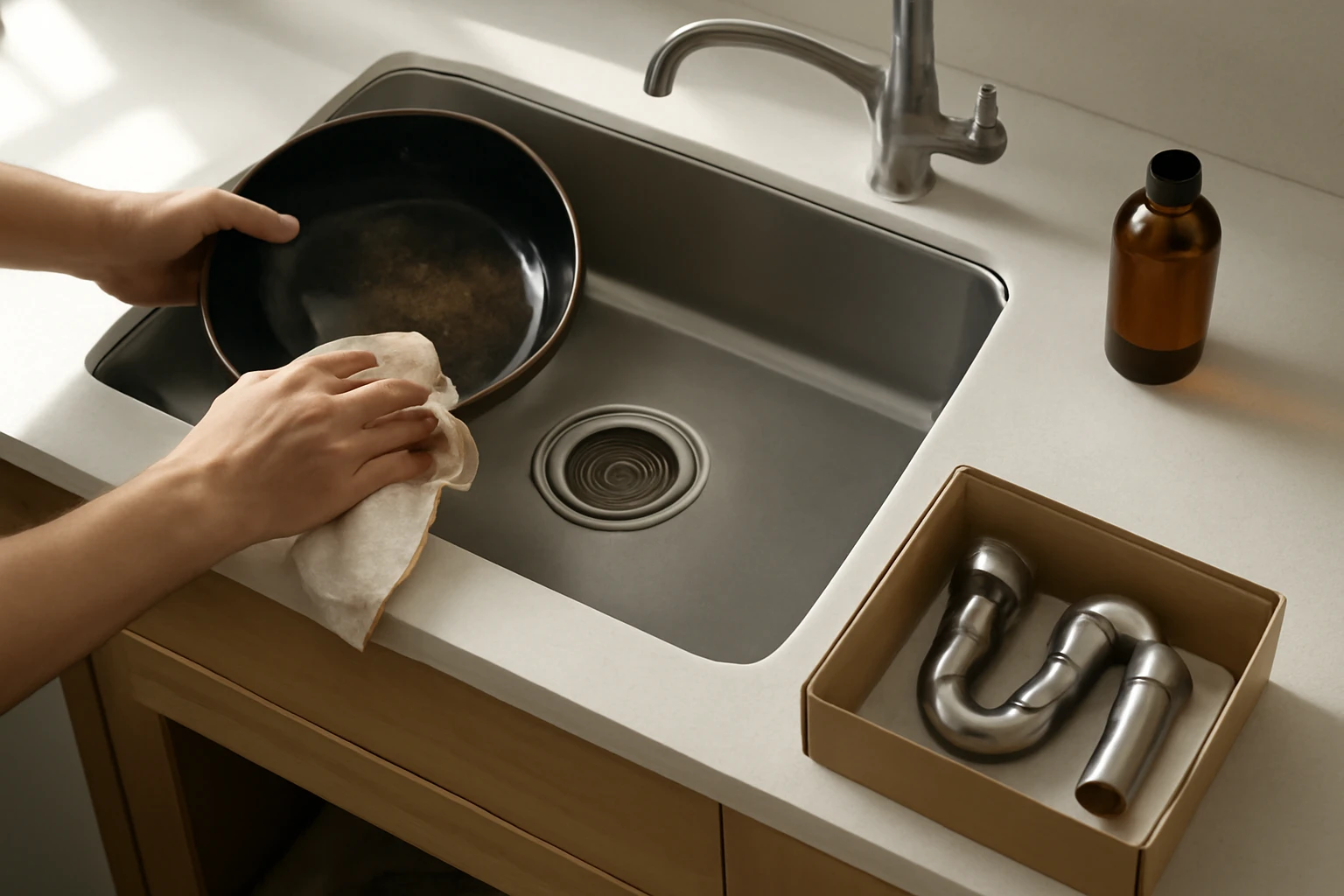 Stainless-steel sink with a fitted strainer, hands wiping a greasy pan, an enzyme cleaner bottle on the counter and a corrode