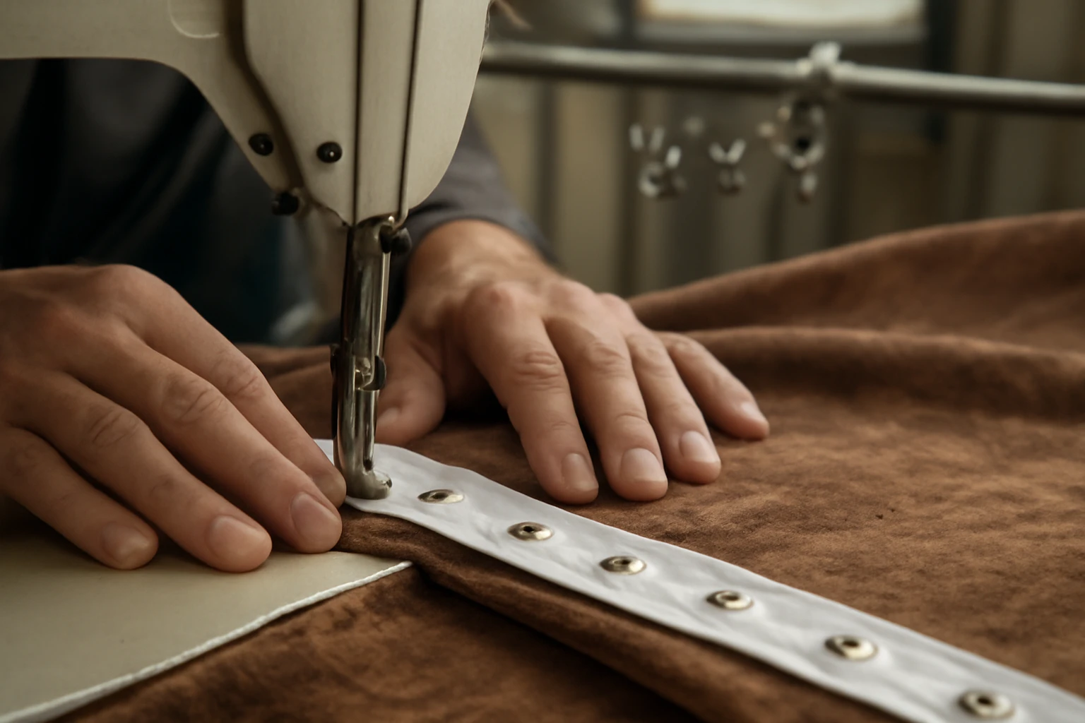 Ultra-photorealistic editorial close-up of a tailor sewing snap tape onto the back edge of a decorative curtain in a professi
