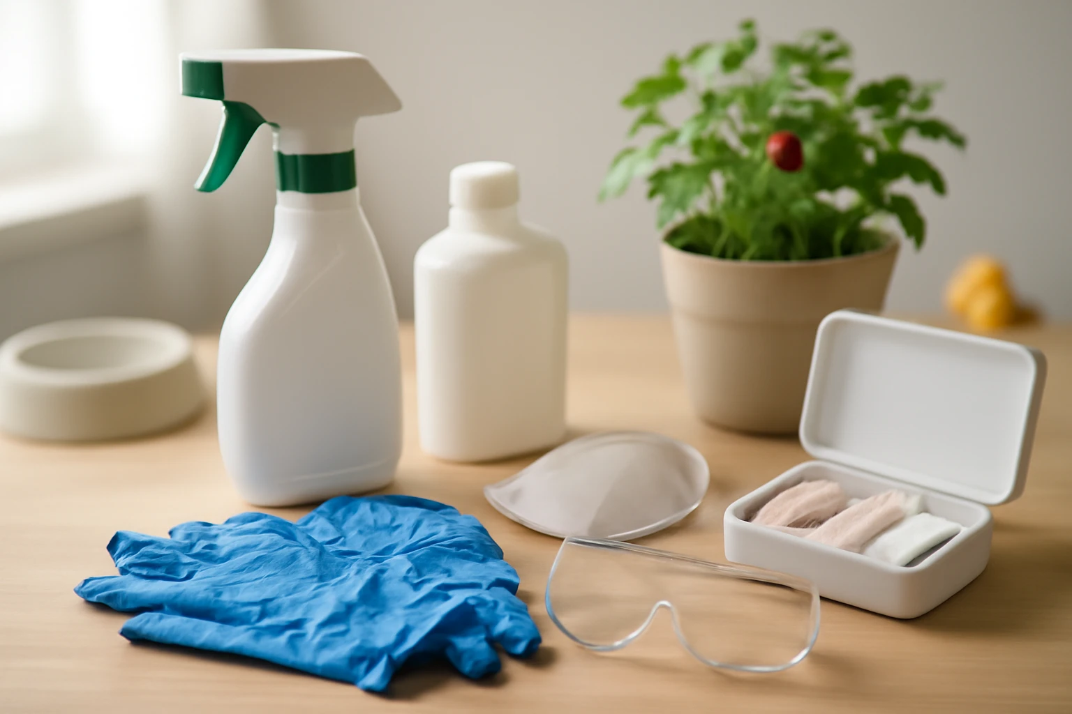 Unbranded insecticide bottles with gloves, goggles, face mask, first-aid supplies and a potted plant with a ladybug nearby.