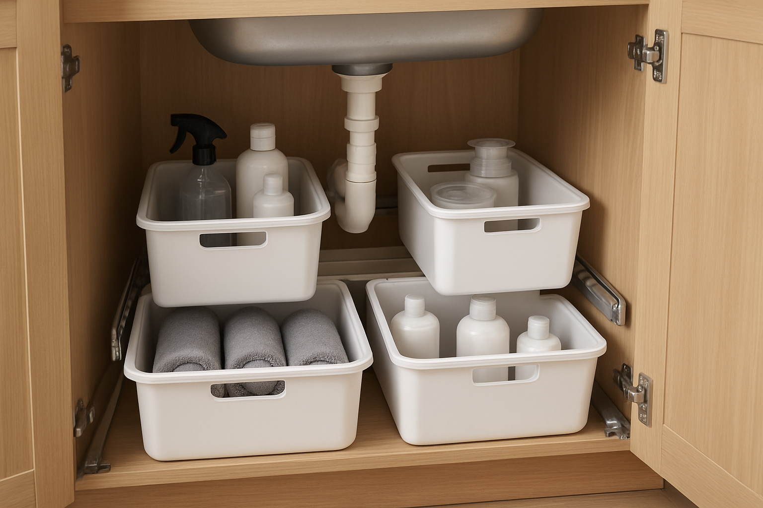 under-sink cabinet with sliding drawer system and labeled bins