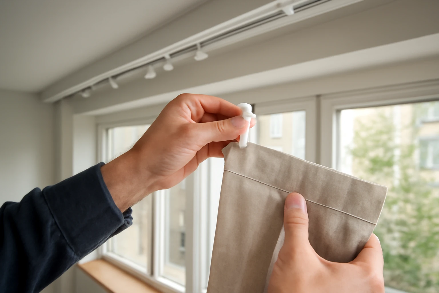 Wide editorial photograph of a technician installing curtain gliders into a white ceiling-mounted aluminium track above a bay